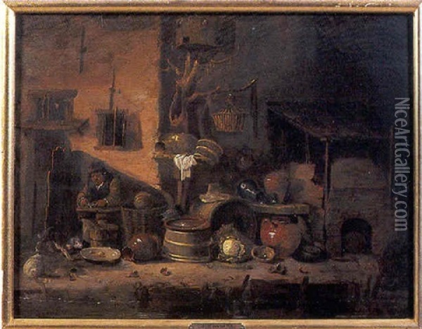 Villageois Assis Devant Sa Maison Et Aiguisant Un Couteau Oil Painting - Egbert Lievensz van der Poel