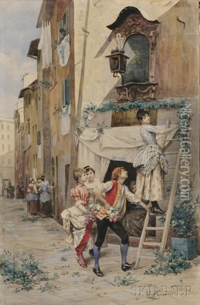 Italian Street Genre Scene Oil Painting - Leon Girardet