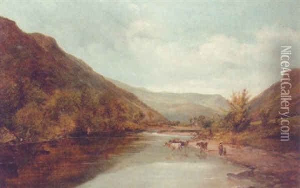 Cattle Watering In The Valley Of Mawddach, Cader Idris Oil Painting - Adam Barland