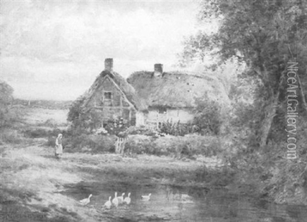 Figure Before A Cottage, Duck Pond In The Foreground Oil Painting - Theresa Sylvester Stannard