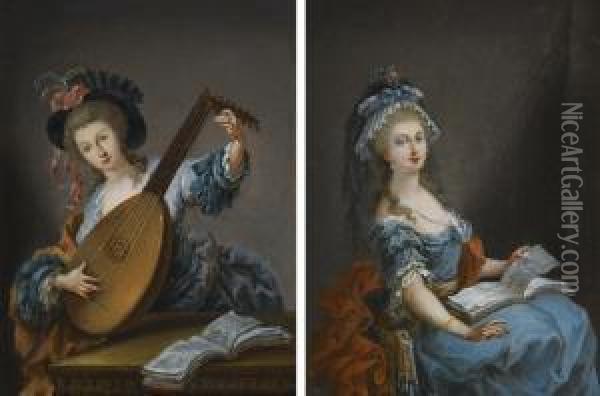 A Woman Playing The Lute Oil Painting - Luis Paret Y Alczar