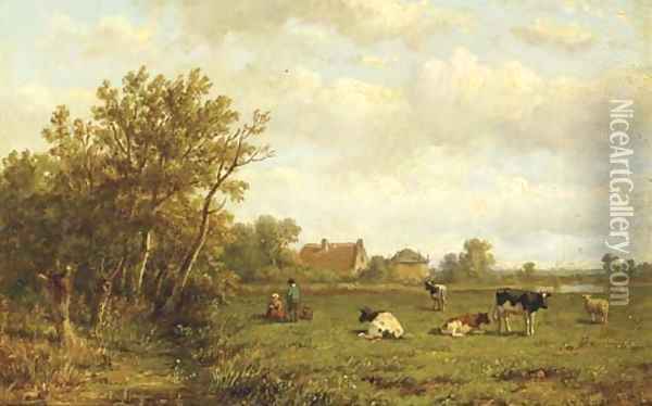 Cows in a meadow Oil Painting - Anthonie Jacobus van Wyngaerdt