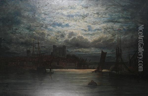 Thames View, With Rochester Castle In The Distance Oil Painting - Adolphe Ragon