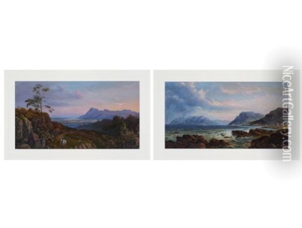 View From The Bridle Path Up Table Mountain; Kalk Bay (2 Works) Oil Painting - Abraham de Smidt