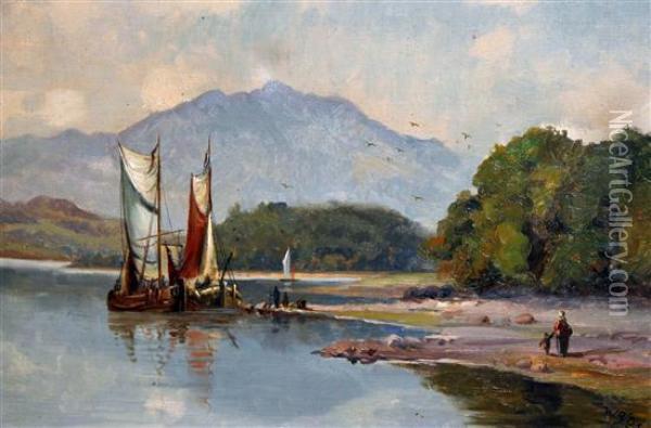 River Scene With Sailing Barges Oil Painting - Wright Barker