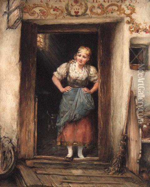 A Young Maid In A Doorway Oil Painting - Otto Piltz