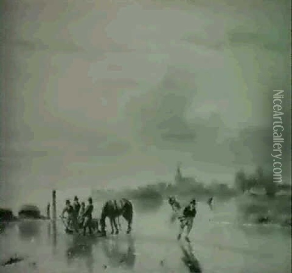 Winter Scene; Sleding And Skating On Frozen River Oil Painting - Nicolaas Johannes Roosenboom
