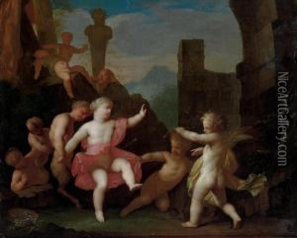 A Bacchanal Of Putti And Infant Fauns, With Cupid Shooting An Arrow At A Young Girl Oil Painting - Matheus Terwesten