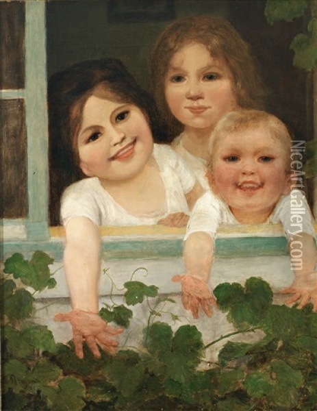 Drei Lachende Kinder Am Fenster Oil Painting - Carl Von Bergen
