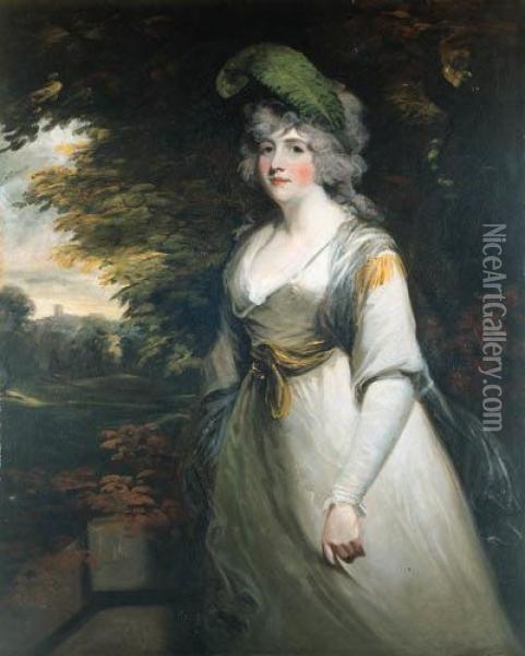 Portrait Of Lady Boothby, 
Three-quarter Length, In A Grey Dress Andwith A Plume In Her Hair, A 
Landscape Beyond Oil Painting - John Hoppner