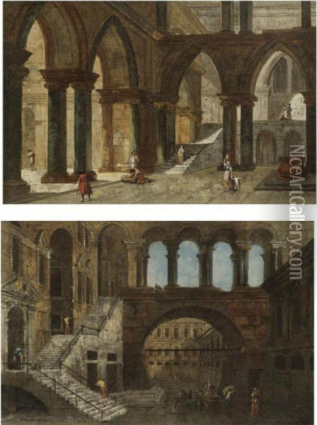 Architectural Fantasy With 
Gothic Arches; Architectural Fantasy With A Staircase In An Open 
Courtyard Oil Painting - Michele Marieschi