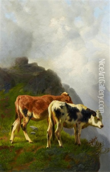 Zwei Kalber Im Gebirge Oil Painting - Anton Braith