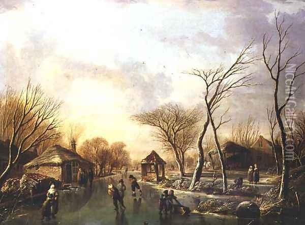 Skating on a frozen canal Oil Painting - Andries Vermeulen