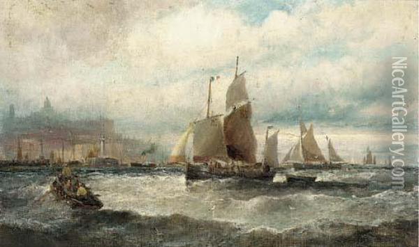 Hay Barges On The Medway; And Fishing Vessels By A Channel Port Oil Painting - William A. Thornley Or Thornber