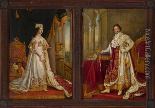Konigin Therese Und Konig Ludwig I. Von Bayern Im Kronungsornat (2 Works) Oil Painting - Joseph Karl Stieler