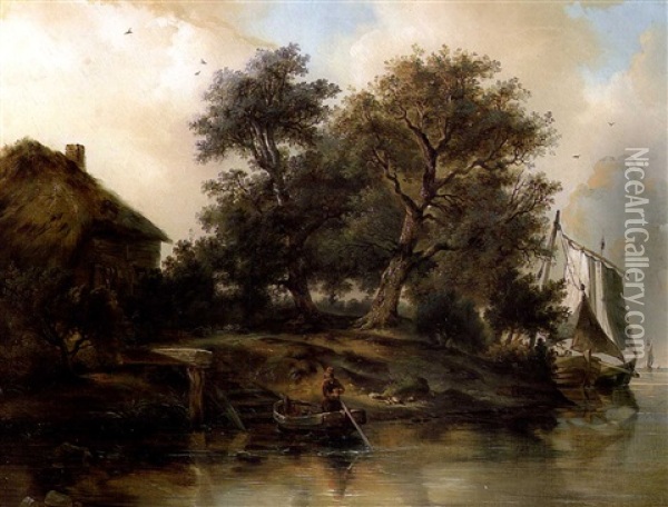 Paysage Fluvial Avec Personnage Dans Une Barque Amarree Oil Painting - Ferdinand Joseph Bernard Marinus
