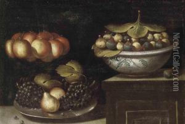 Figs In A Bowl, With Pears And Grapes On A Silver Plate, Peacheshanging From A String Oil Painting - Juan Van Der Hamen Y Leon