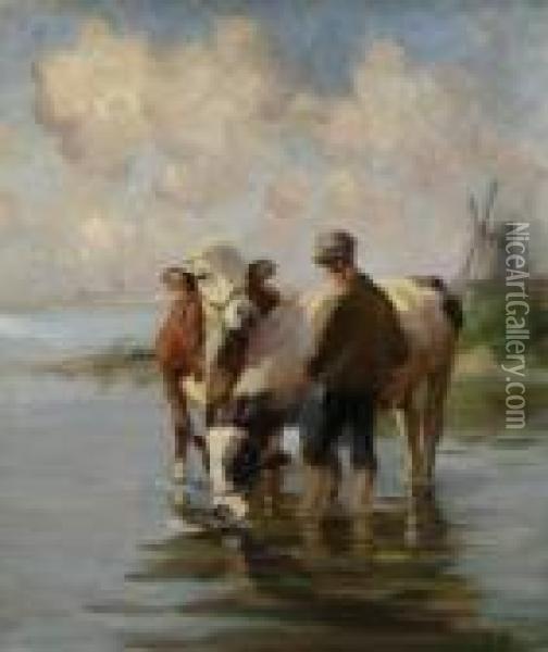 Hutejunge Mit Zwei Rindern An Der
 Tranke. Oil Painting - Johann Daniel Holz