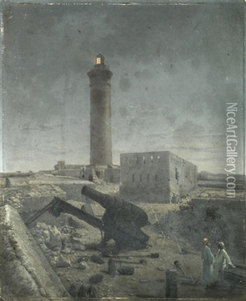 The Lighthouse At Alexandria After The Bombardment In 1882 Oil Painting - Girolamo Gianni