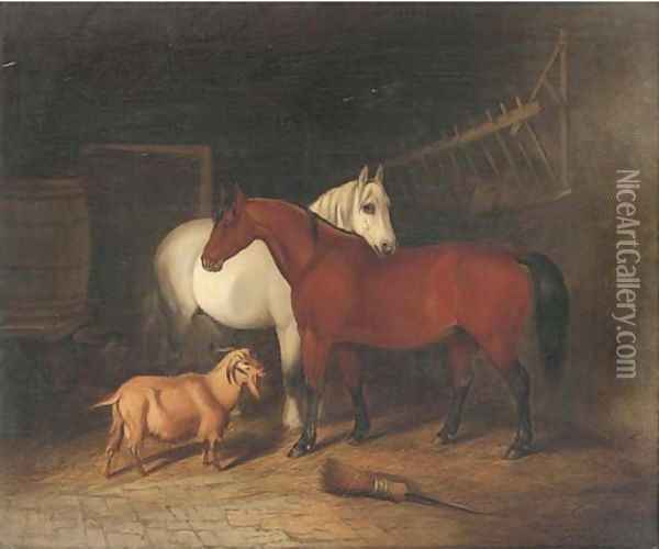 Two horses and a goat in a stable Oil Painting - Alfred Wheeler