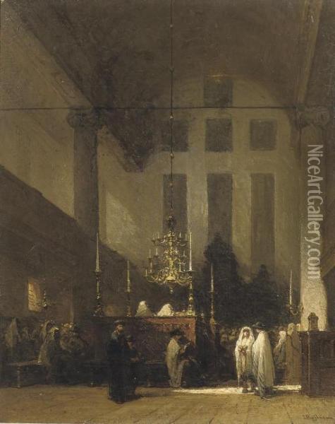 The Portuguese Synagogue, Amsterdam: In The Esnoga Oil Painting - Johannes Bosboom