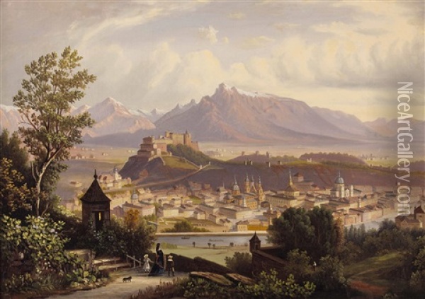 Blick Vom Kapuzinerberg Auf Die Altstadt Salzburgs, Die Festung Und Den Untersberg Oil Painting - Eduard Gaertner