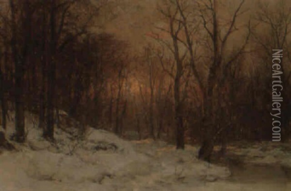 Sonnenuntergang Im Winterwald Oil Painting - Anders Andersen-Lundby