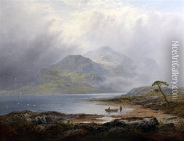 A Misty Day, The Silver Strand, Loch Katrine Oil Painting - George Blackie Sticks