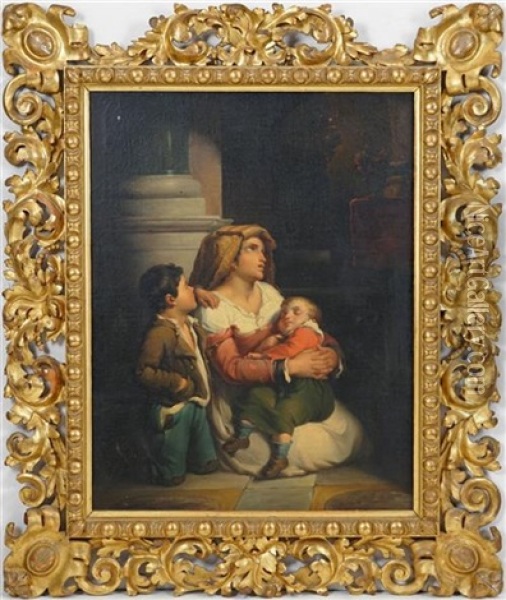 Mother And Children Oil Painting - Giuseppe Mazzolini