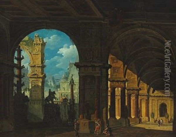 A Caprice Of Classical Buildings, In The Foreground Roman Soldiers In A Colonnade Oil Painting - Jean Nicolas Servandoni