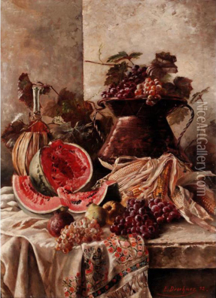 Still Life With Watermelon Oil Painting - E. Droehmer