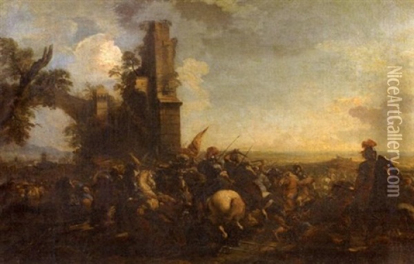 Combat De Cavaliers En Armure, Au Pied D'une Ruine Oil Painting - Joseph Parrocel