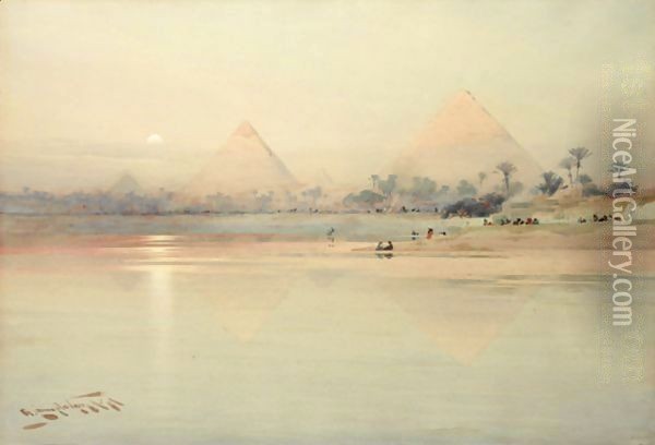 A View Of The Pyramids At Sunset Oil Painting - Augustus Osborne Lamplough