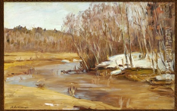 Russian Landscape At Early Spring With Birch Trees At A Stream Oil Painting - Manuil Aladzhalov