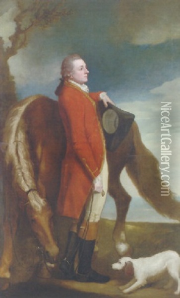 Portrait Of Colonel Wilson Braddyll Wearing The Red Uniform Of The Yorkshire Yeomanry, With A Horse And A Dog In A Landscape Oil Painting - George Romney
