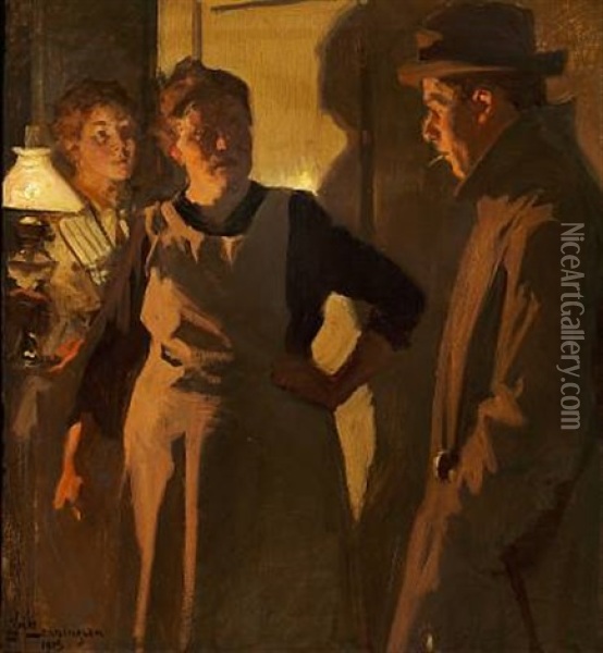 Three People Talking In A Doorway In The Light From A Lamp Oil Painting - Erik Ludwig Henningsen