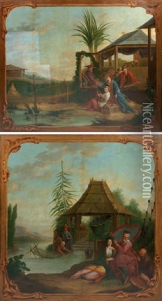 La Peche Au Bord De L'etang (+ Le Repos Au Bord De L'etang, Lrgr; Pair) Oil Painting - Jean-Baptiste Leprince