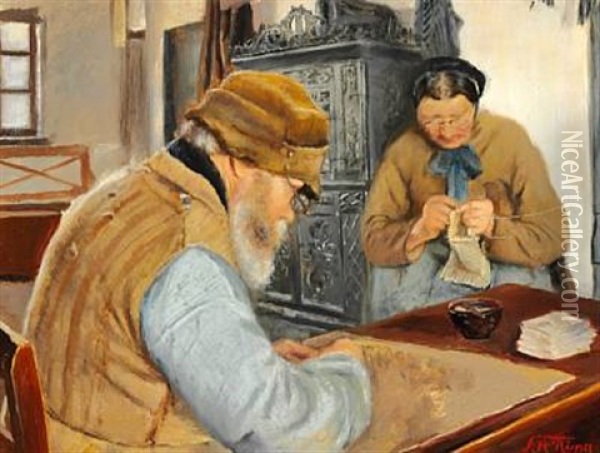 Smallholders In The Village Of Ring. Polske-niels (polish Niels) Is Making Paper Bags, While His Wife Is Knitting In Front Of Stove Oil Painting - Laurits Andersen Ring