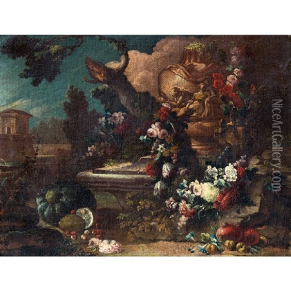 Jetee De Fleurs Devant Une Fontaine Oil Painting - Gasparo Lopez