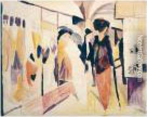 Modegeschaft Im Laubengang (fashion Shop In A Leafy Street) Oil Painting - August Macke