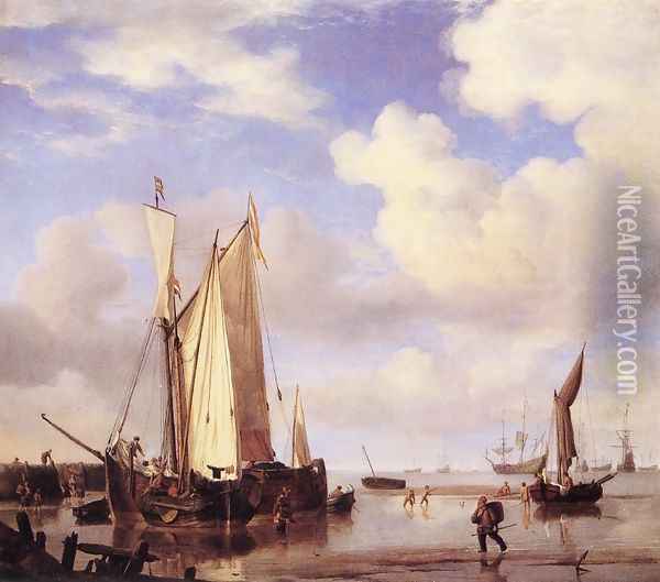 Ships Close Inshore at Low Tide Oil Painting - Willem van de Velde the Younger