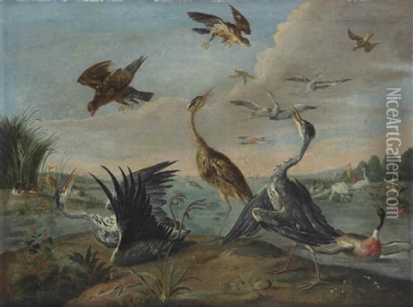 Fighting Herons, Falcons, Ducks And Other Birds In A River Landscape Oil Painting - Jan van Kessel the Elder