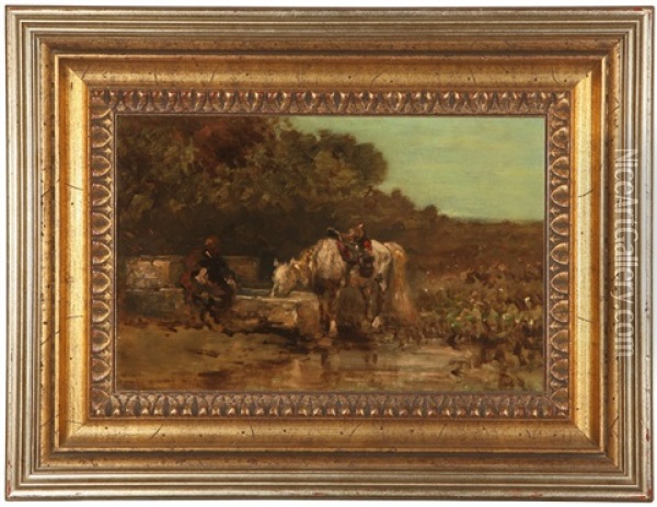 Figure Seated Near A Horse Drinking From A Trough Oil Painting - Adolf Schreyer