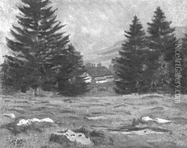 Walliser Landschaft Mit Tannen, Gehoft Und Weidenden Kuhen Oil Painting - Albert Henri John Gos