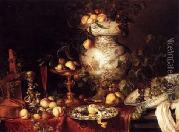 Pronk Still Life Of A Violin, Silver Salt Cellar, Peaches, Prunes, Pears And Other Fruit, On Ledge Draped With Tapestry Oil Painting - Gillis Gillisz. de Berch