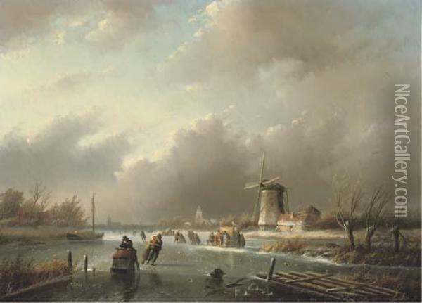 Ice-skating On A Frozen River In Winter Oil Painting - Jan Jacob Coenraad Spohler