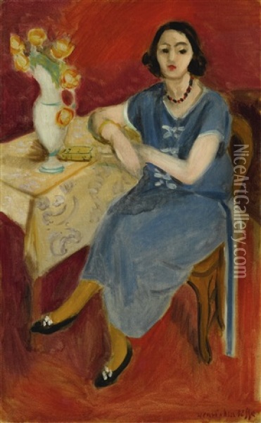 Femme En Bleu A Table, Fond Rouge Oil Painting - Henri Matisse