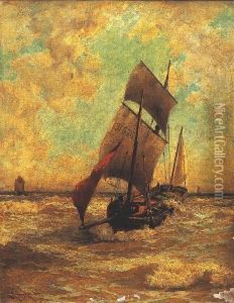 Fishing Boat Approaching The Shore In A Stiff Breeze Oil Painting - Edward Aubrey Hunt