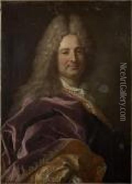 Portrait En Buste Du Marquis De 
La Martiniere Portant Une Cape De Velours Aubergine Doublee De Brocard A
 Fond D'or Oil Painting - Hyacinthe Rigaud