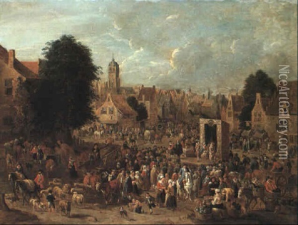 Actors From The Commedia Dell'arte Performing For Villagers Oil Painting - Pieter Bout